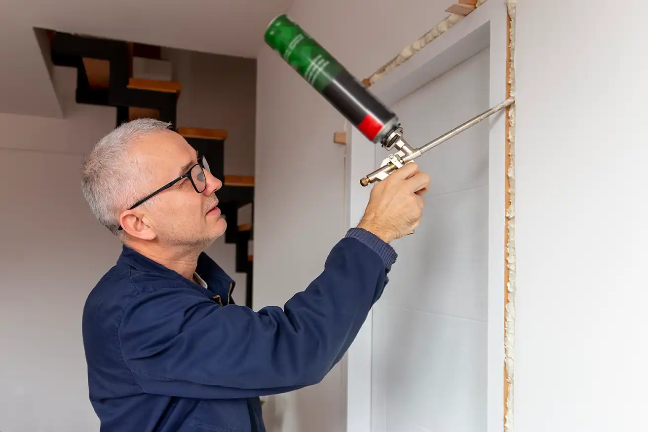 Handwerker setzt Türzarge ein und fixiert sie mit Montageschaum